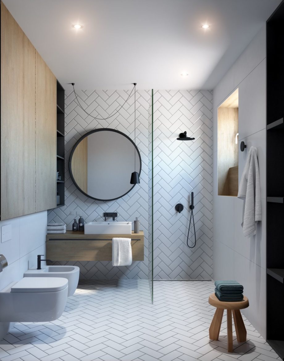 Modern,Bathroom,Interior,With,Wood,Elements;,3d,Ilustration,,3d,Rendering;