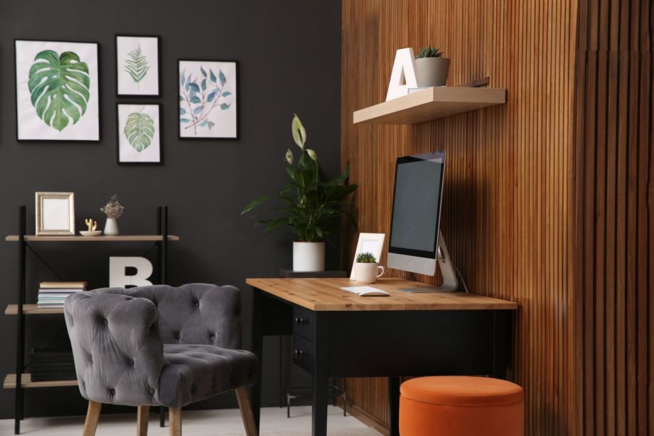 Comfortable,Workplace,With,Computer,Near,Wooden,Wall,In,Stylish,Room